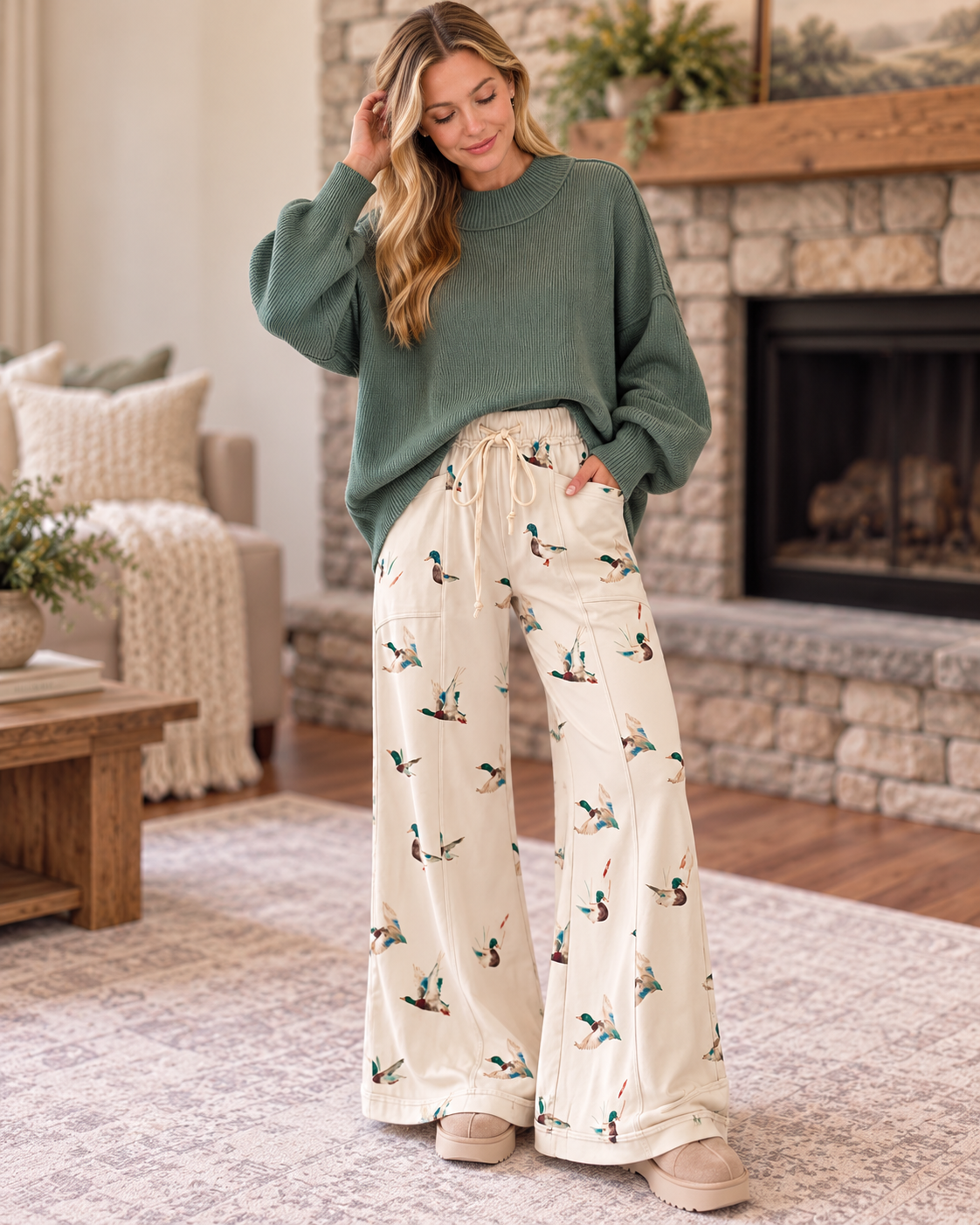 Beige Mallard Wide Leg Pants