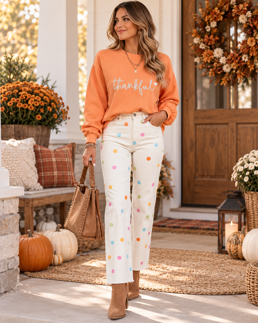 Orange Thankful Embroidered Sweatshirt