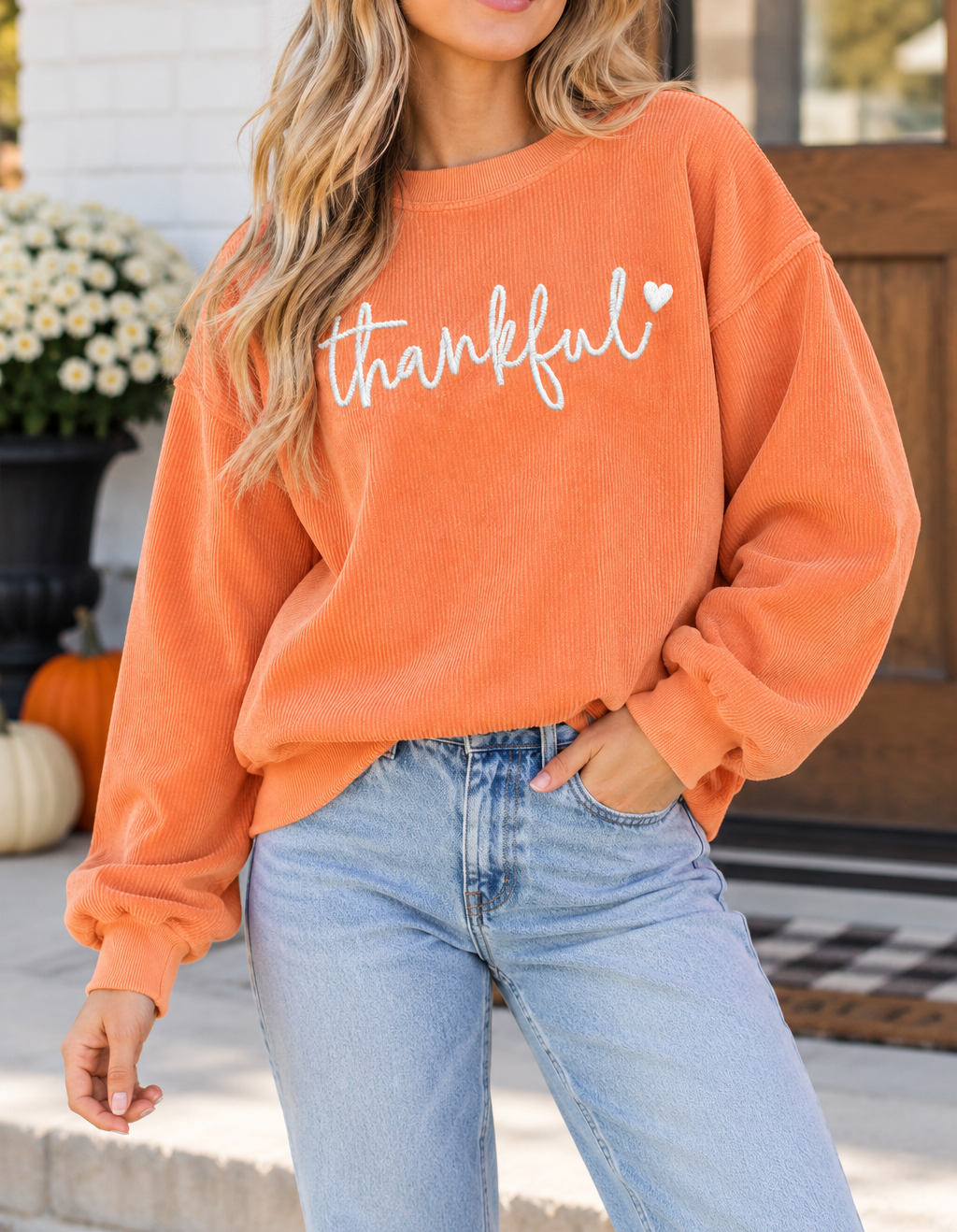Orange Thankful Embroidered Sweatshirt