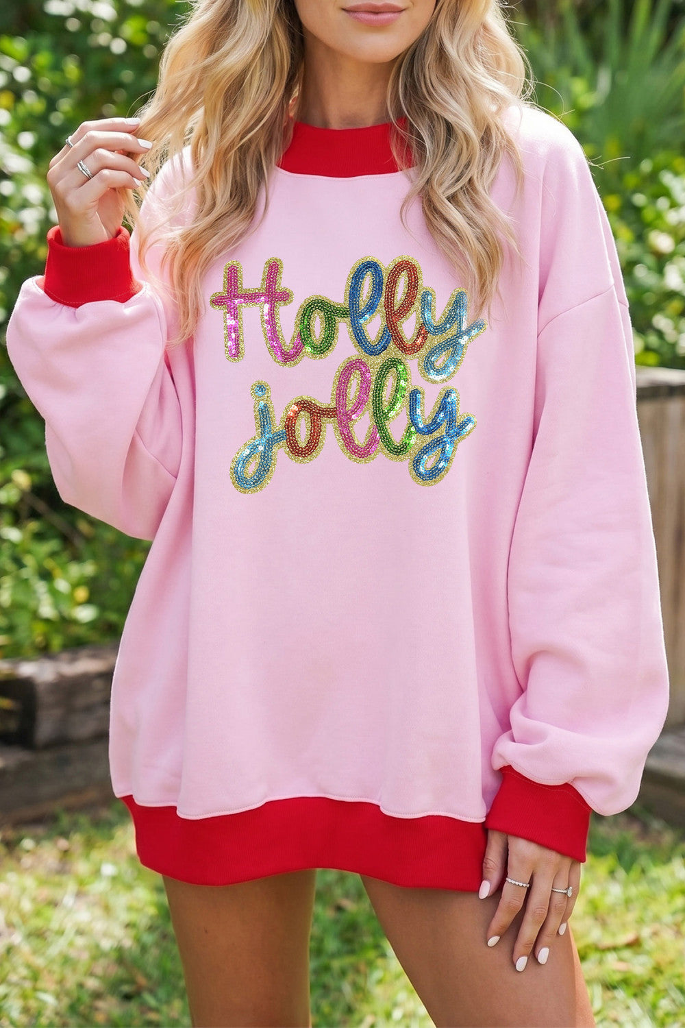 Pink Holly jolly Sequin Sweatshirt