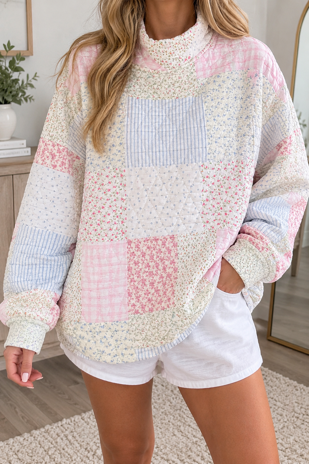 Floral Patchwork Mock Neck Top