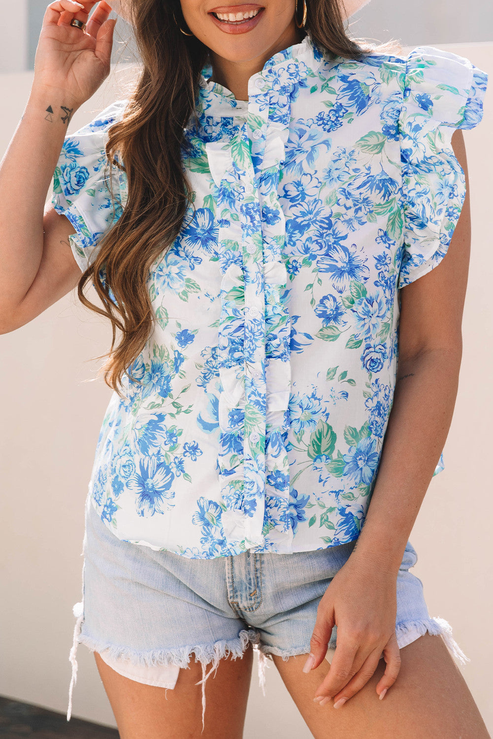Blue Floral Frilly Button Blouse March.