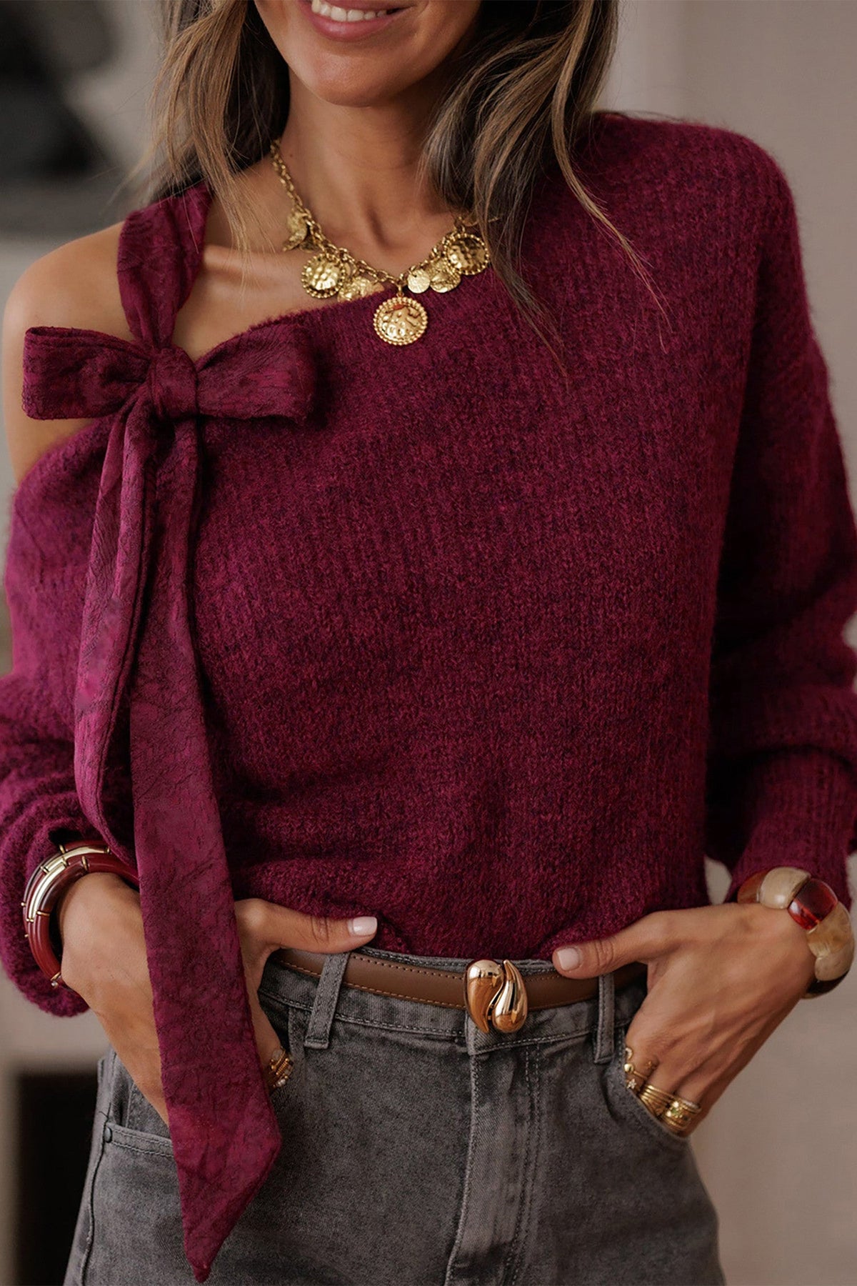 Burgundy Lace Bowknot Sweater LT
