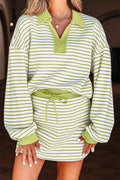 Green Stripe V Neck Set
