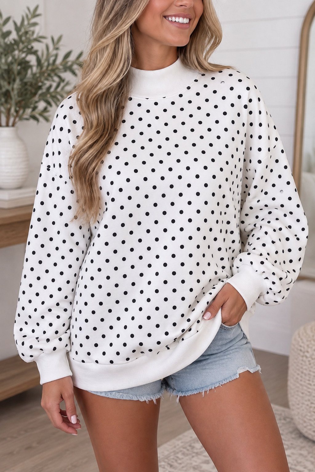 White Casual Polka Dot Sweatshirt