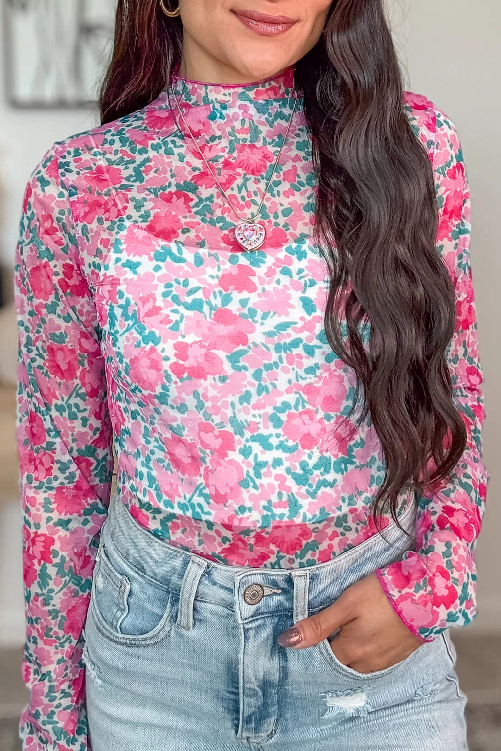 Floral Mesh Mock Neck Top *multiple colors* LT